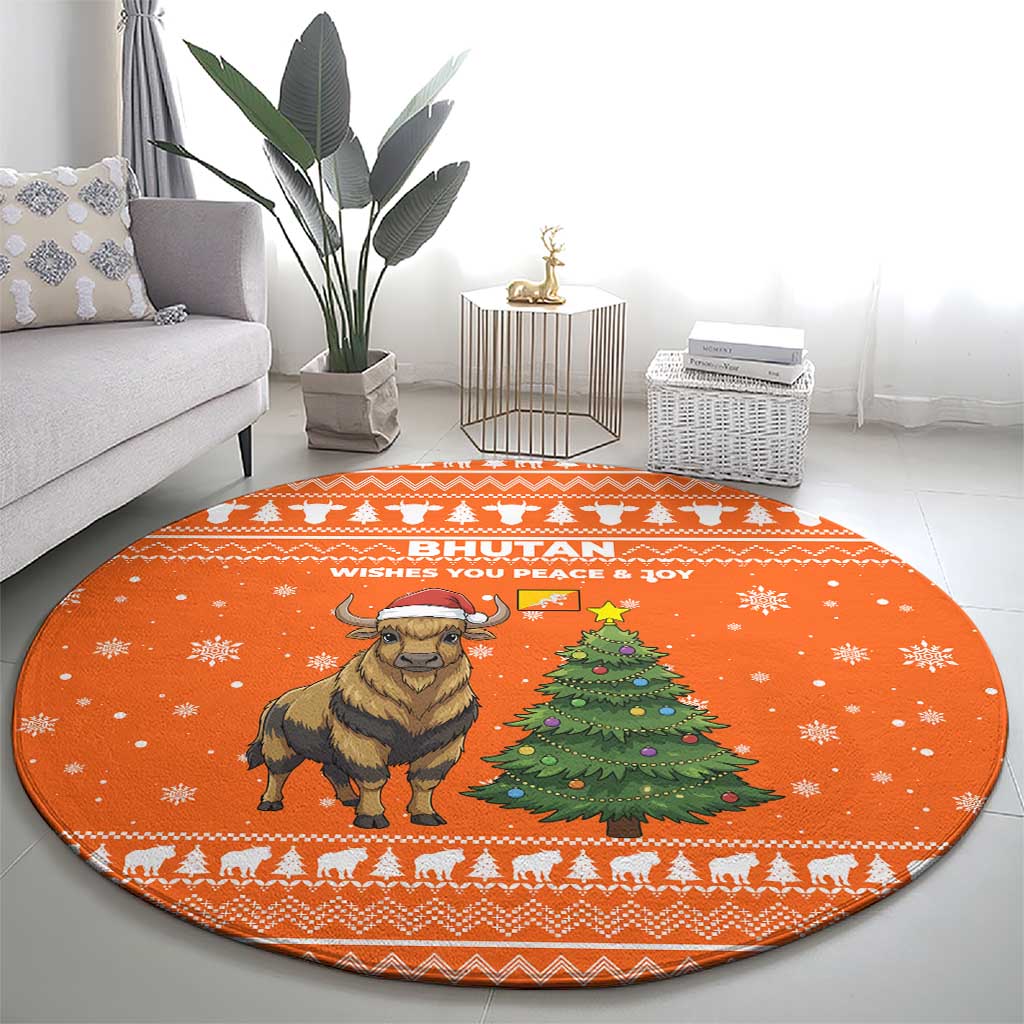 Bhutan Christmas Round Carpet with Takin Santa Hat Christmas Tree and Snowflake Pattern in Orange - Wonder Print Shop