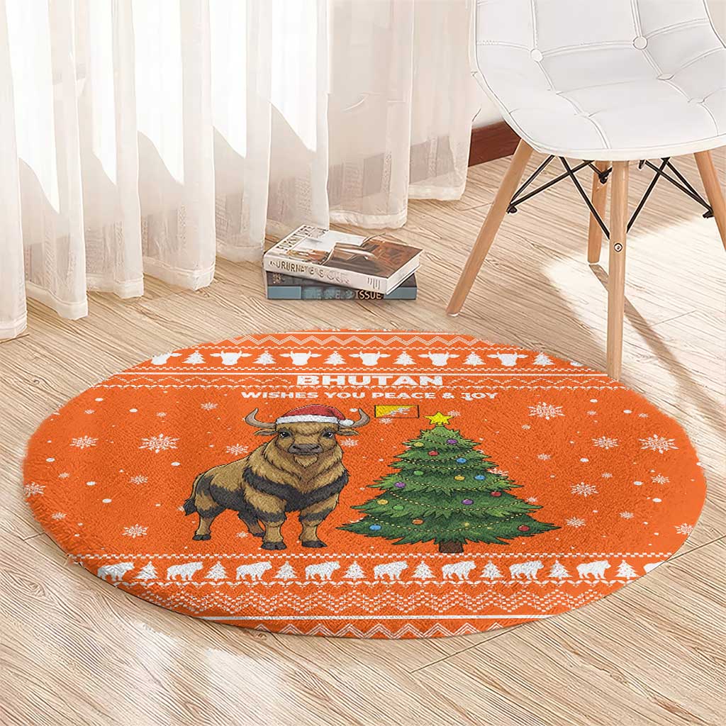 Bhutan Christmas Round Carpet with Takin Santa Hat Christmas Tree and Snowflake Pattern in Orange - Wonder Print Shop