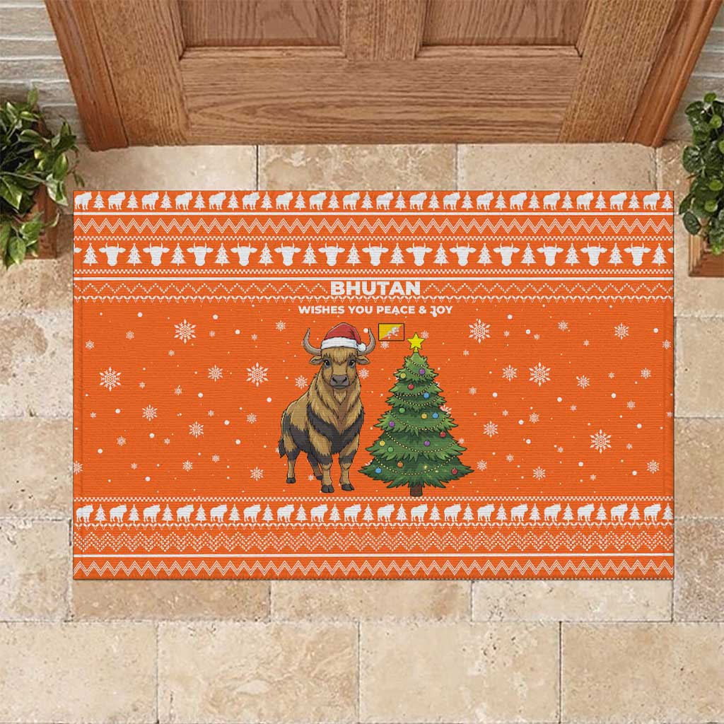 Bhutan Christmas Rubber Doormat with Takin Santa Hat Christmas Tree and Snowflake Pattern in Orange - Wonder Print Shop