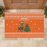 Bhutan Christmas Rubber Doormat with Takin Santa Hat Christmas Tree and Snowflake Pattern in Orange - Wonder Print Shop