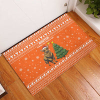 Bhutan Christmas Rubber Doormat with Takin Santa Hat Christmas Tree and Snowflake Pattern in Orange - Wonder Print Shop