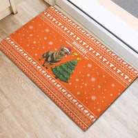 Bhutan Christmas Rubber Doormat with Takin Santa Hat Christmas Tree and Snowflake Pattern in Orange - Wonder Print Shop