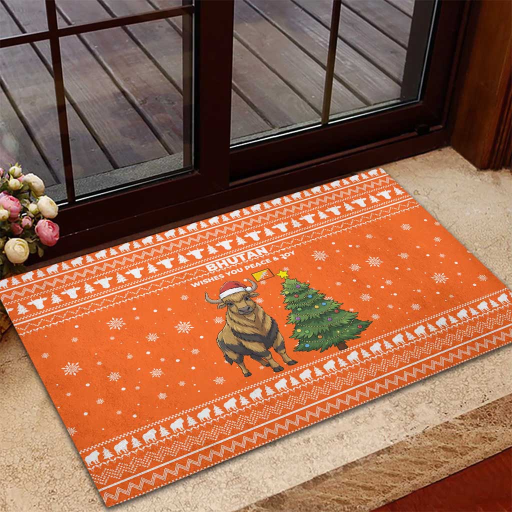 Bhutan Christmas Rubber Doormat with Takin Santa Hat Christmas Tree and Snowflake Pattern in Orange - Wonder Print Shop