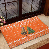 Bhutan Christmas Rubber Doormat with Takin Santa Hat Christmas Tree and Snowflake Pattern in Orange - Wonder Print Shop