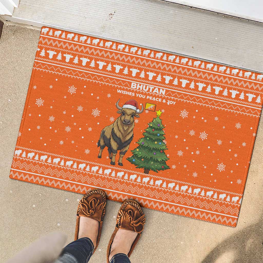 Bhutan Christmas Rubber Doormat with Takin Santa Hat Christmas Tree and Snowflake Pattern in Orange - Wonder Print Shop