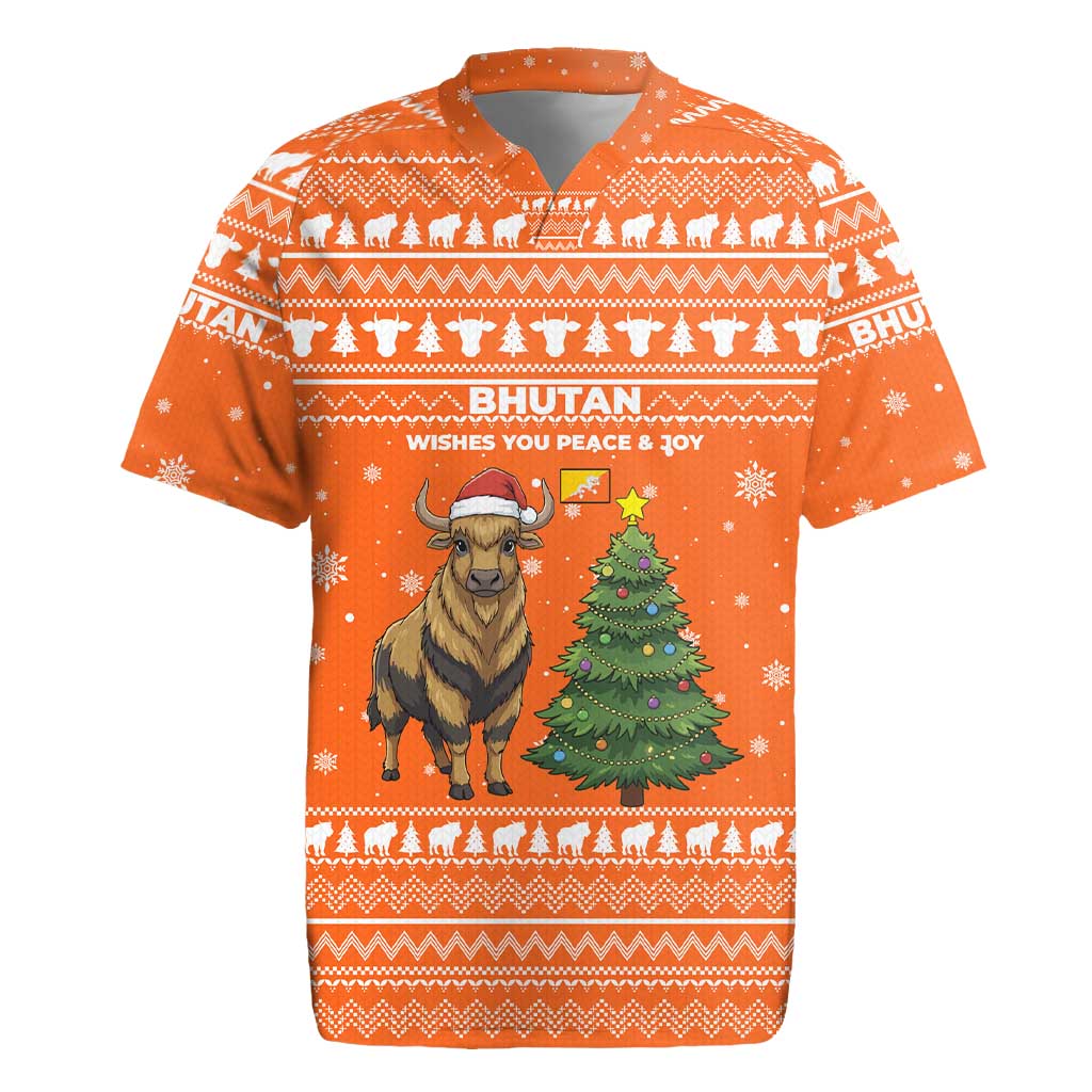 Bhutan Christmas Rugby Jersey with Takin Santa Hat Christmas Tree and Snowflake Pattern in Orange - Wonder Print Shop