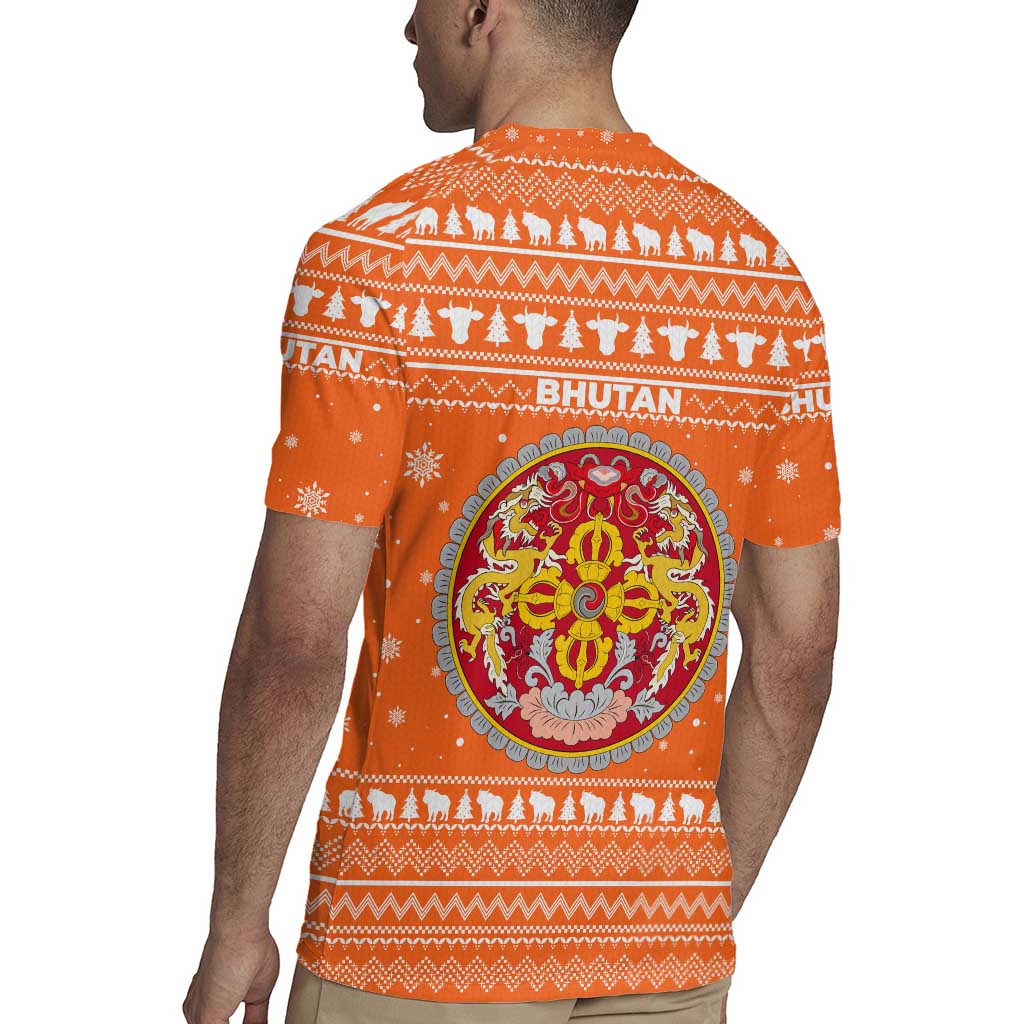 Bhutan Christmas Rugby Jersey with Takin Santa Hat Christmas Tree and Snowflake Pattern in Orange - Wonder Print Shop