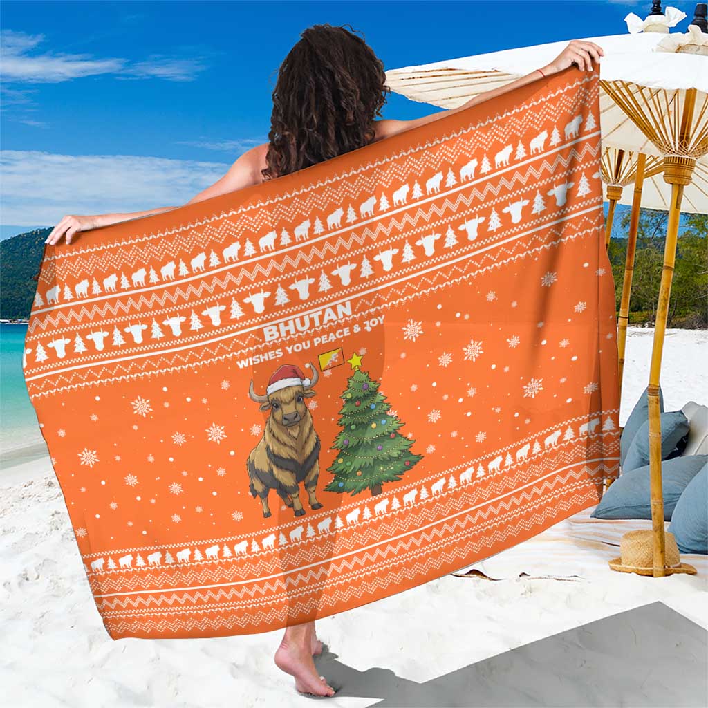Bhutan Christmas Sarong with Takin Santa Hat Christmas Tree and Snowflake Pattern in Orange - Wonder Print Shop