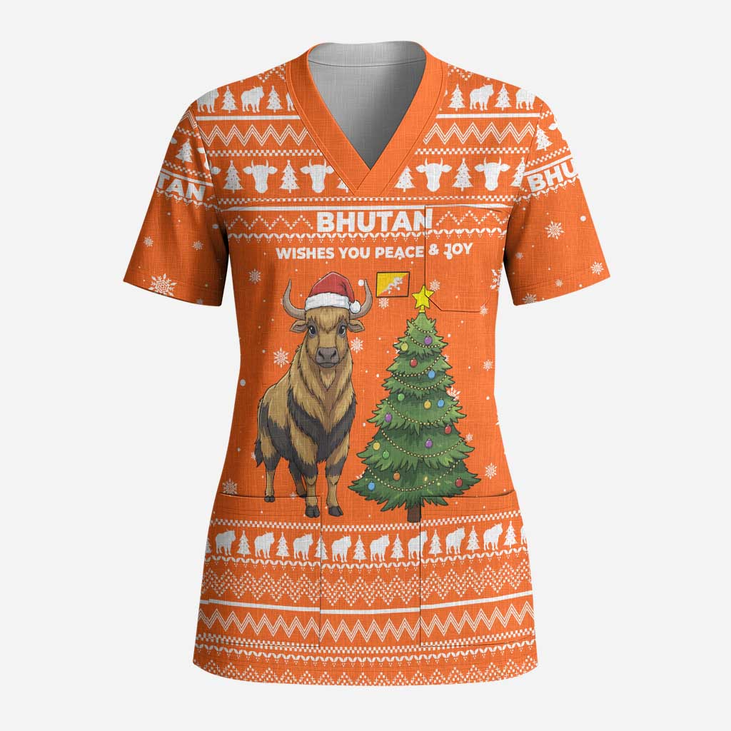 Bhutan Christmas Scrub Top with Takin Santa Hat Christmas Tree and Snowflake Pattern in Orange - Wonder Print Shop