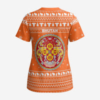 Bhutan Christmas Scrub Top with Takin Santa Hat Christmas Tree and Snowflake Pattern in Orange - Wonder Print Shop