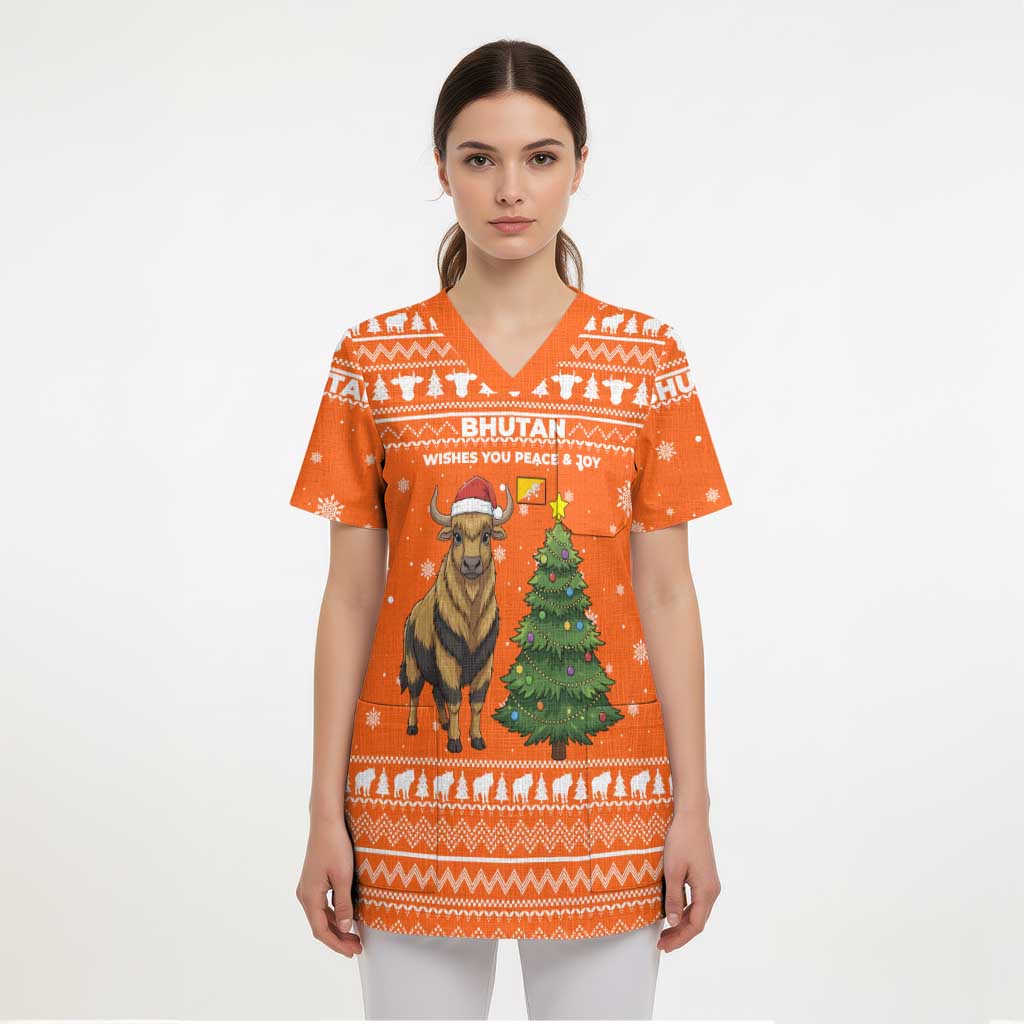 Bhutan Christmas Scrub Top with Takin Santa Hat Christmas Tree and Snowflake Pattern in Orange - Wonder Print Shop