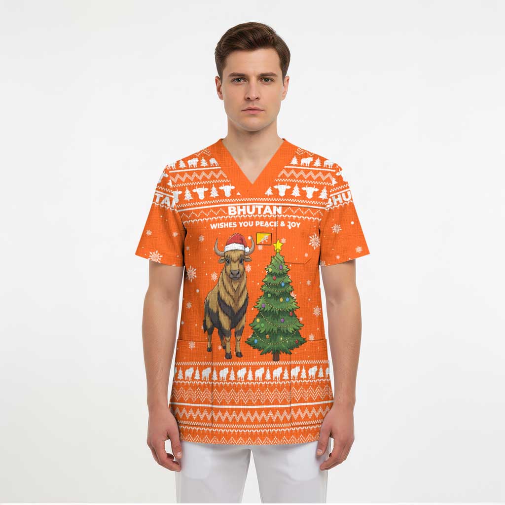 Bhutan Christmas Scrub Top with Takin Santa Hat Christmas Tree and Snowflake Pattern in Orange - Wonder Print Shop