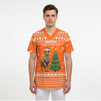 Bhutan Christmas Scrub Top with Takin Santa Hat Christmas Tree and Snowflake Pattern in Orange - Wonder Print Shop