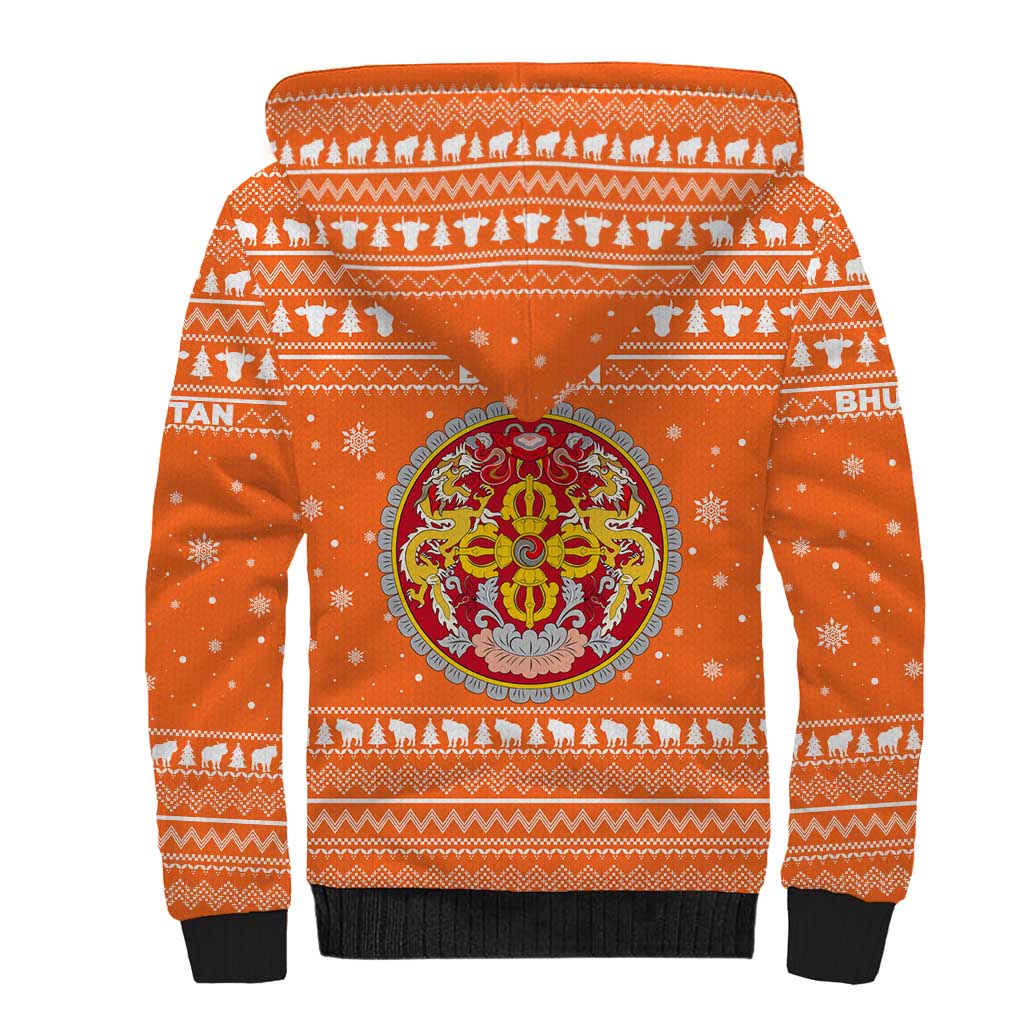Bhutan Christmas Sherpa Hoodie with Takin Santa Hat Christmas Tree and Snowflake Pattern in Orange - Wonder Print Shop