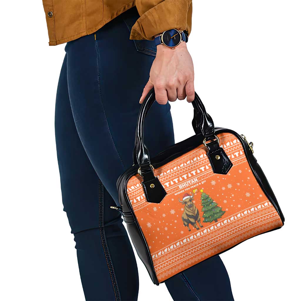Bhutan Christmas Shoulder Handbag with Takin Santa Hat Christmas Tree and Snowflake Pattern in Orange - Wonder Print Shop