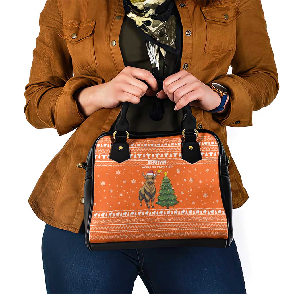 Bhutan Christmas Shoulder Handbag with Takin Santa Hat Christmas Tree and Snowflake Pattern in Orange - Wonder Print Shop