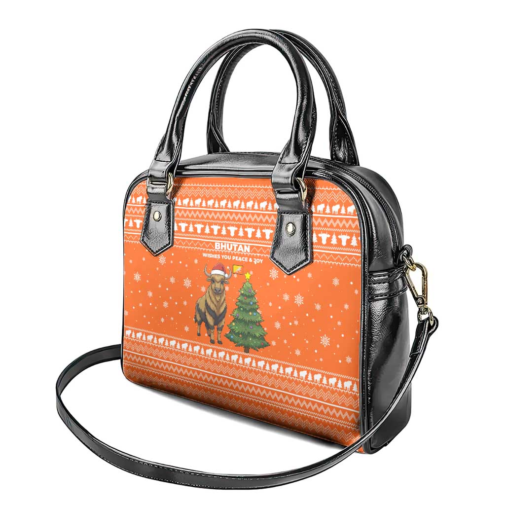 Bhutan Christmas Shoulder Handbag with Takin Santa Hat Christmas Tree and Snowflake Pattern in Orange - Wonder Print Shop