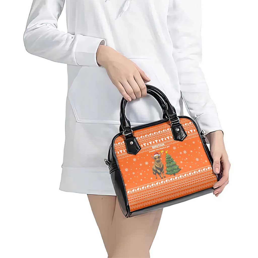 Bhutan Christmas Shoulder Handbag with Takin Santa Hat Christmas Tree and Snowflake Pattern in Orange - Wonder Print Shop