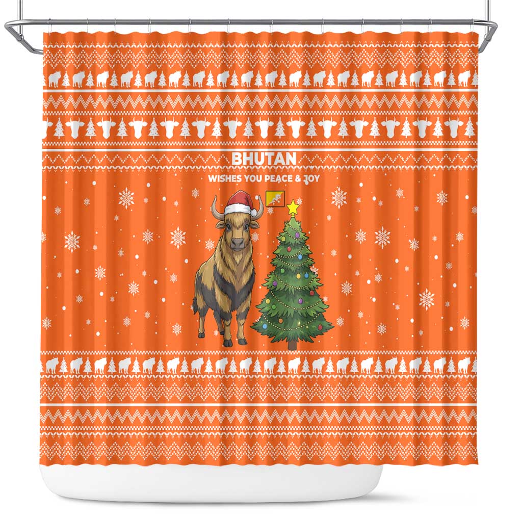 Bhutan Christmas Shower Curtain with Takin Santa Hat Christmas Tree and Snowflake Pattern in Orange - Wonder Print Shop
