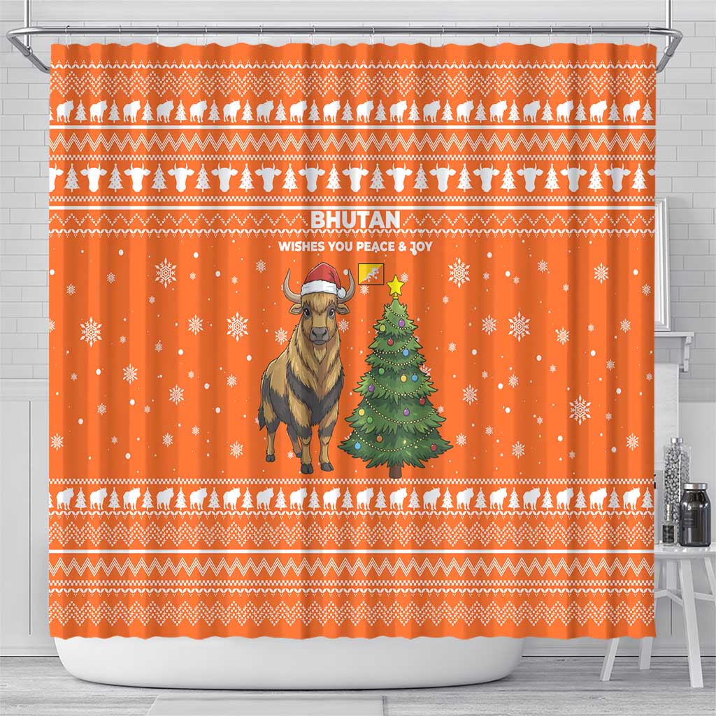 Bhutan Christmas Shower Curtain with Takin Santa Hat Christmas Tree and Snowflake Pattern in Orange - Wonder Print Shop