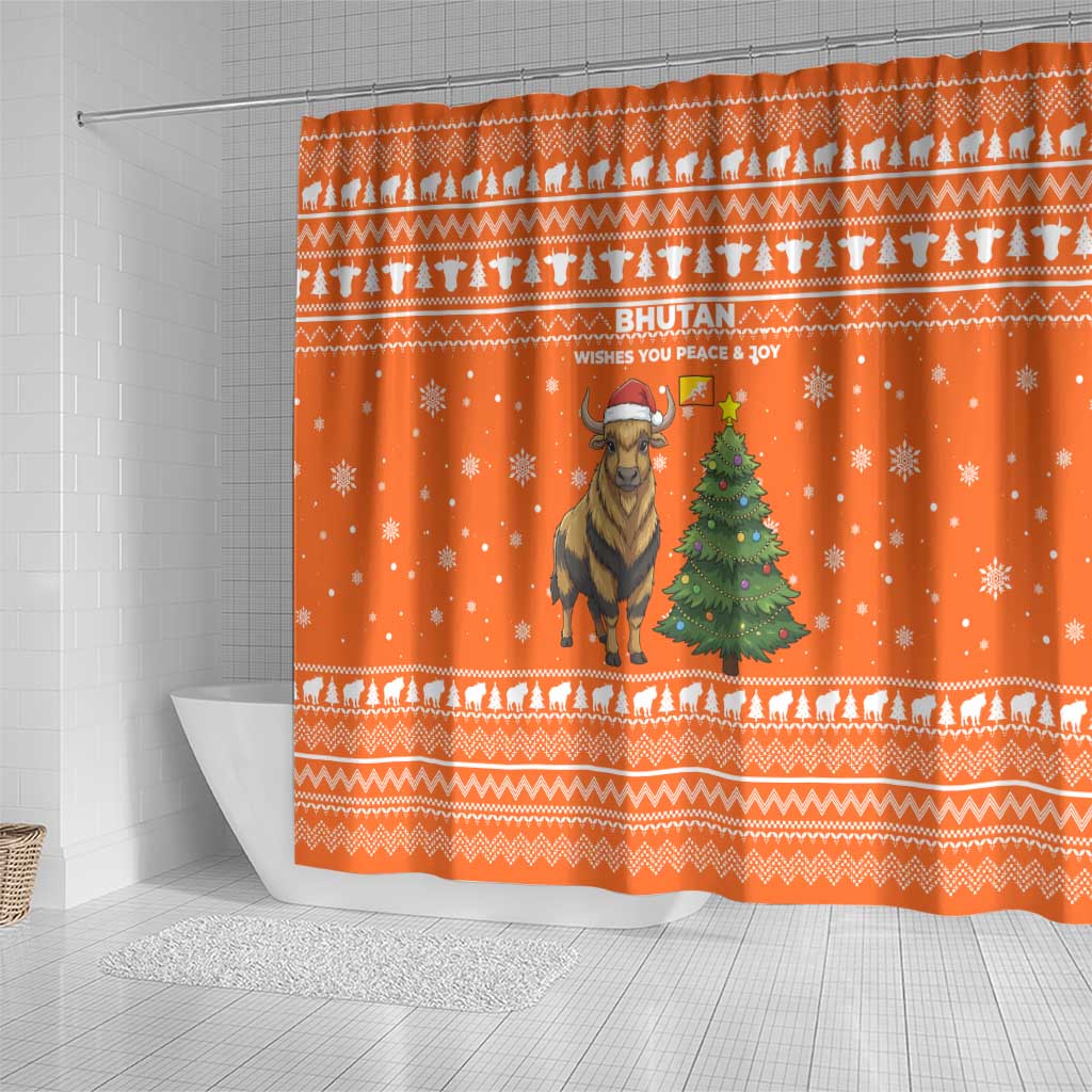 Bhutan Christmas Shower Curtain with Takin Santa Hat Christmas Tree and Snowflake Pattern in Orange - Wonder Print Shop