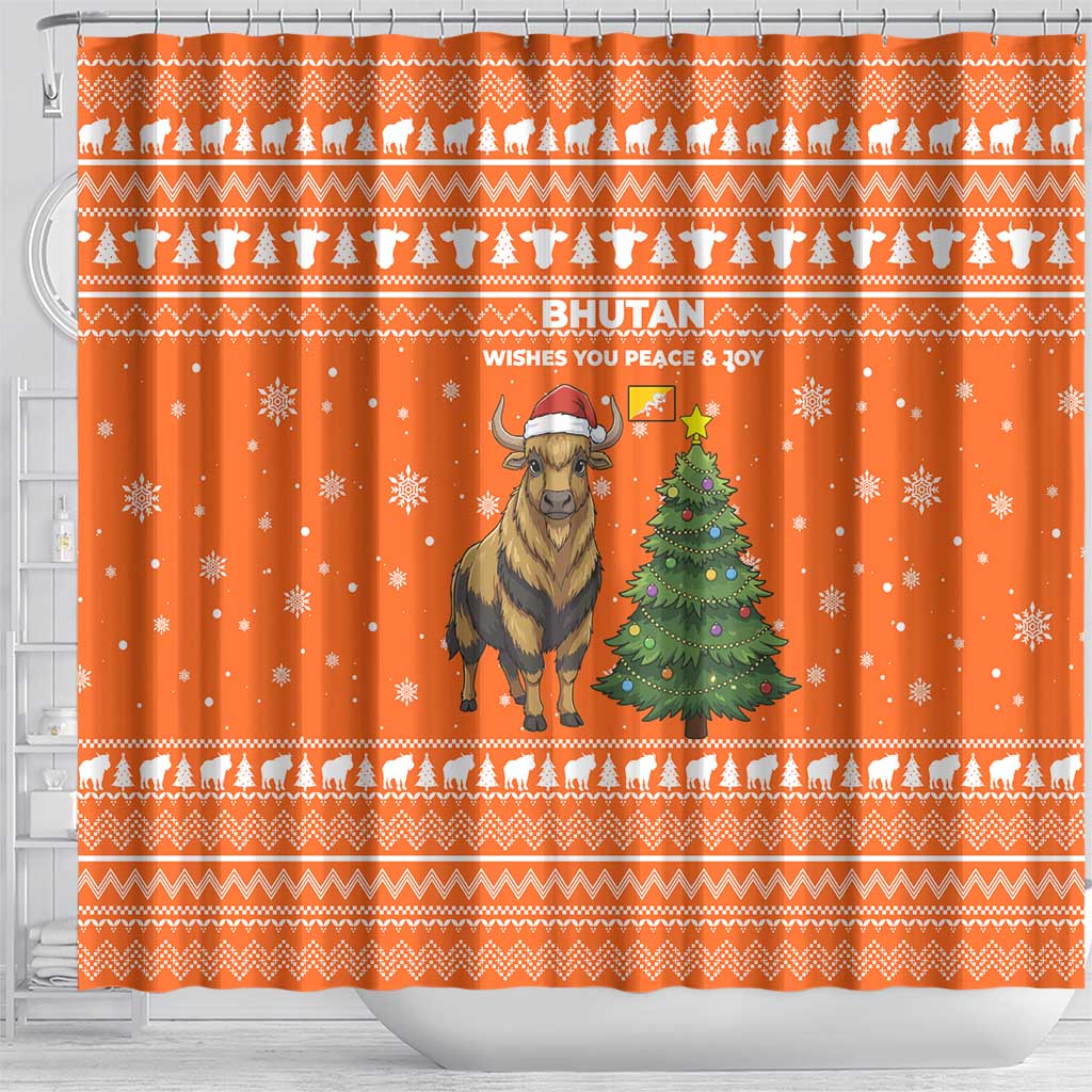 Bhutan Christmas Shower Curtain with Takin Santa Hat Christmas Tree and Snowflake Pattern in Orange - Wonder Print Shop