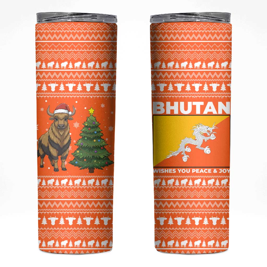 Bhutan Christmas Skinny Tumbler with Takin Santa Hat Christmas Tree and Snowflake Pattern in Orange - Wonder Print Shop