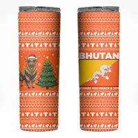 Bhutan Christmas Skinny Tumbler with Takin Santa Hat Christmas Tree and Snowflake Pattern in Orange - Wonder Print Shop