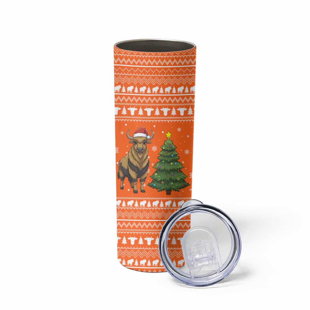 Bhutan Christmas Skinny Tumbler with Takin Santa Hat Christmas Tree and Snowflake Pattern in Orange - Wonder Print Shop
