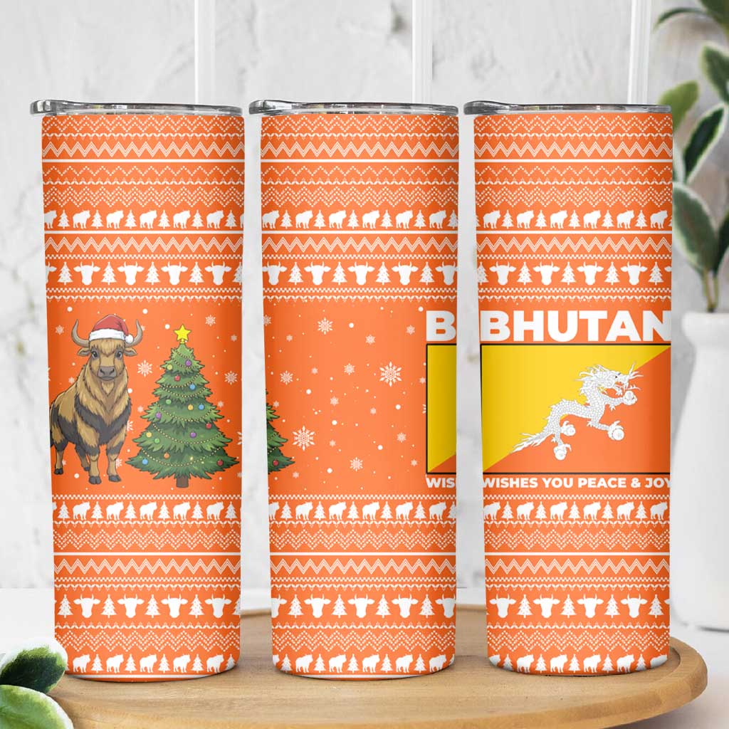 Bhutan Christmas Skinny Tumbler with Takin Santa Hat Christmas Tree and Snowflake Pattern in Orange - Wonder Print Shop