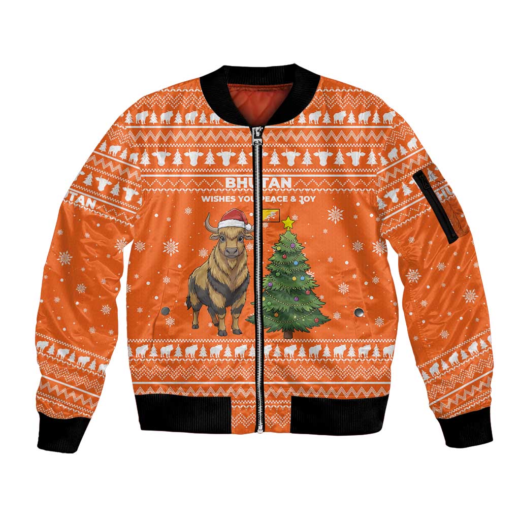 Bhutan Christmas Sleeve Zip Bomber Jacket with Takin Santa Hat Christmas Tree and Snowflake Pattern in Orange - Wonder Print Shop