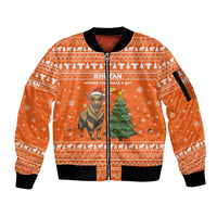 Bhutan Christmas Sleeve Zip Bomber Jacket with Takin Santa Hat Christmas Tree and Snowflake Pattern in Orange - Wonder Print Shop