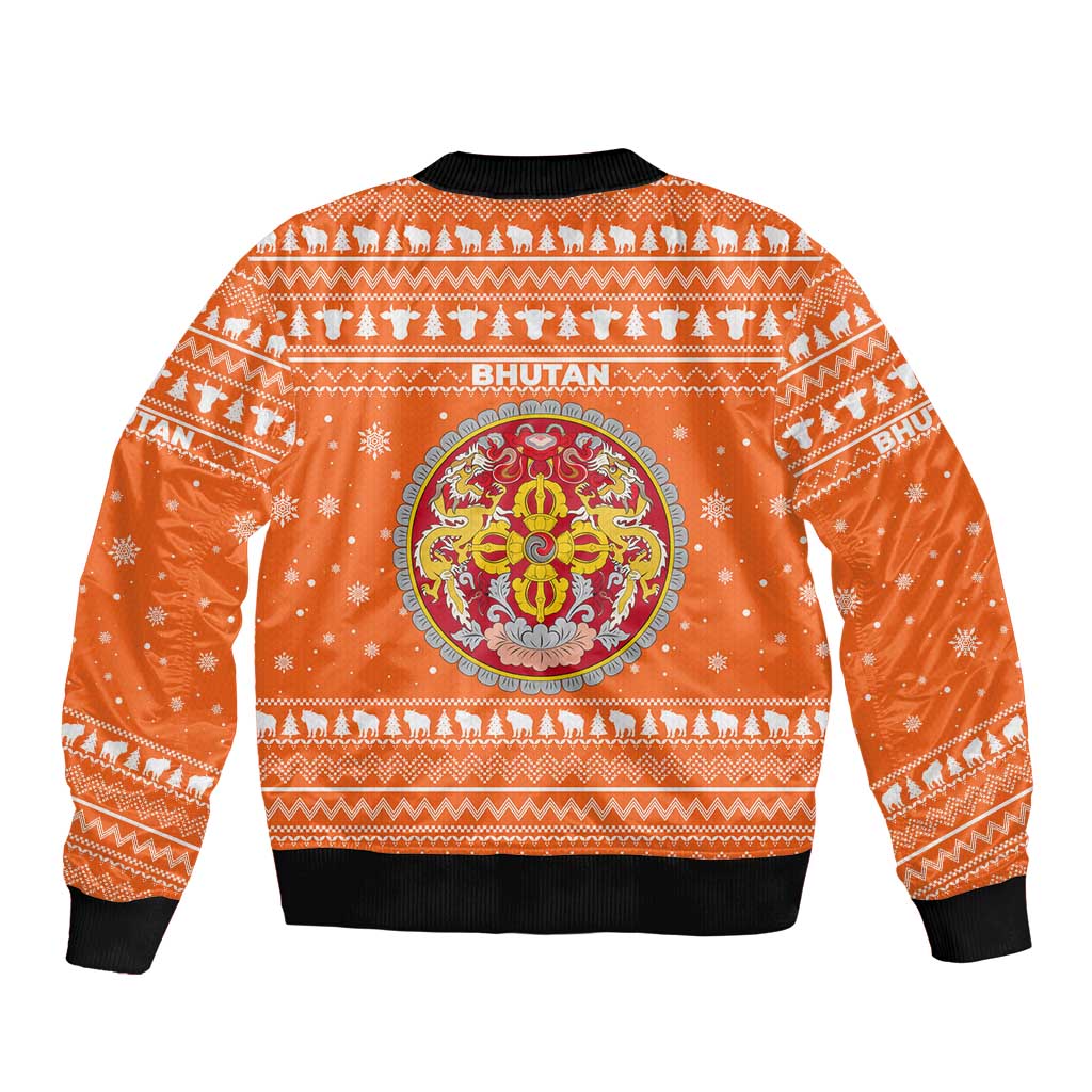 Bhutan Christmas Sleeve Zip Bomber Jacket with Takin Santa Hat Christmas Tree and Snowflake Pattern in Orange - Wonder Print Shop