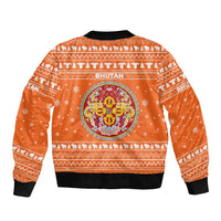 Bhutan Christmas Sleeve Zip Bomber Jacket with Takin Santa Hat Christmas Tree and Snowflake Pattern in Orange - Wonder Print Shop