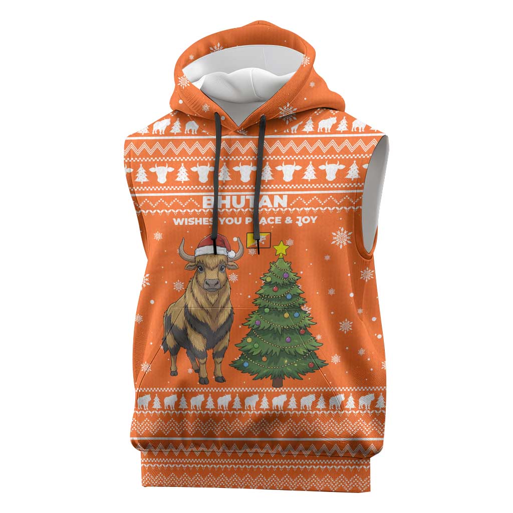 Bhutan Christmas Sleeveless Hoodie with Takin Santa Hat Christmas Tree and Snowflake Pattern in Orange - Wonder Print Shop