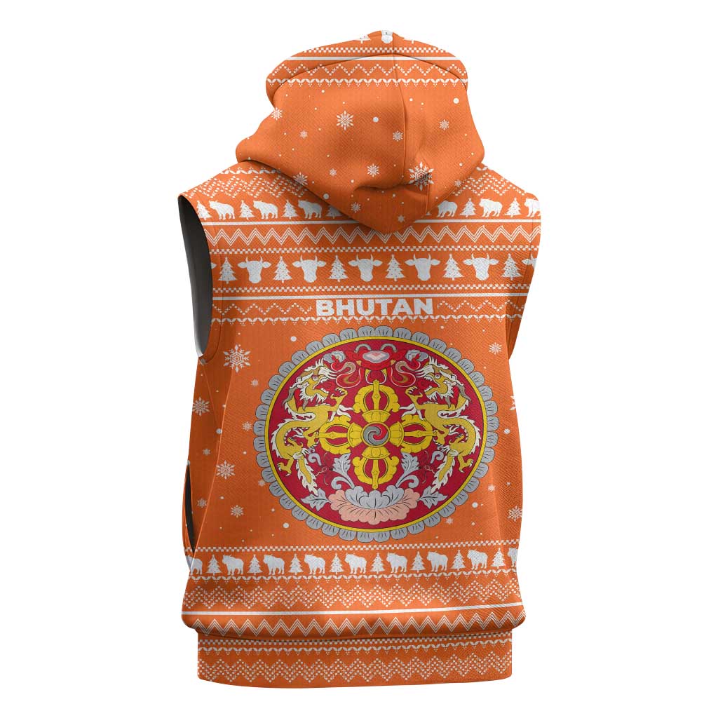 Bhutan Christmas Sleeveless Hoodie with Takin Santa Hat Christmas Tree and Snowflake Pattern in Orange - Wonder Print Shop