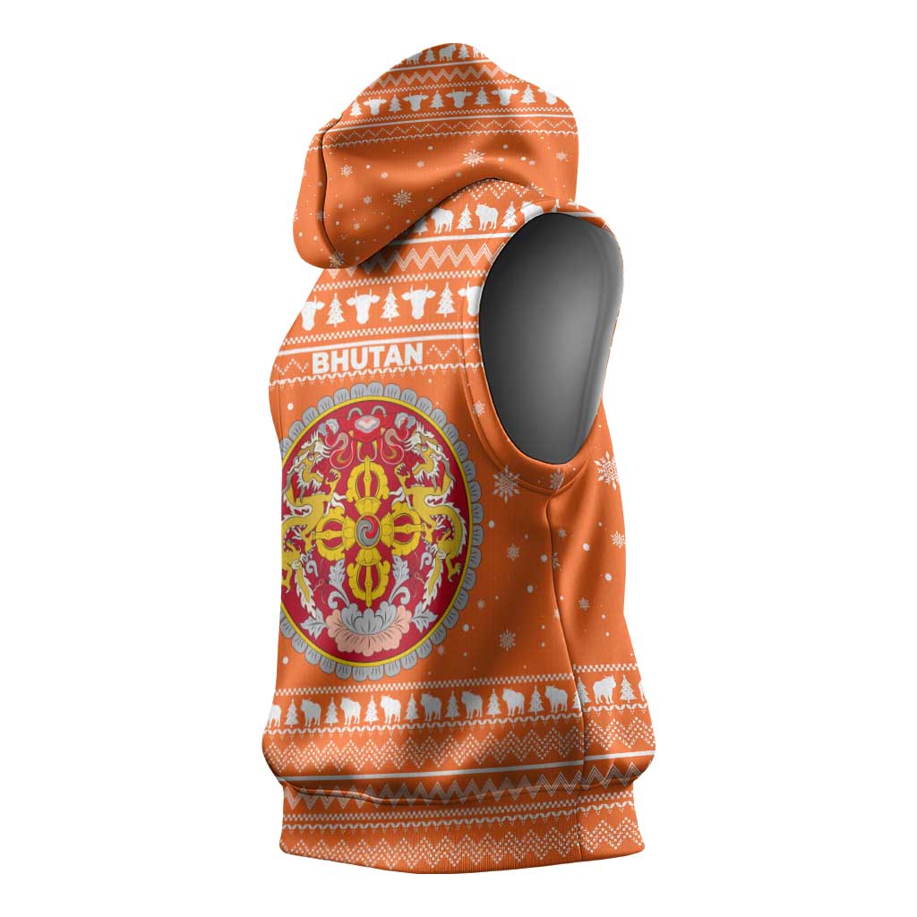 Bhutan Christmas Sleeveless Hoodie with Takin Santa Hat Christmas Tree and Snowflake Pattern in Orange - Wonder Print Shop