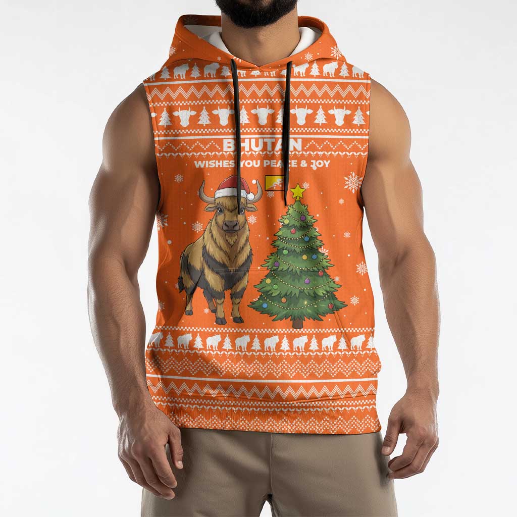 Bhutan Christmas Sleeveless Hoodie with Takin Santa Hat Christmas Tree and Snowflake Pattern in Orange - Wonder Print Shop
