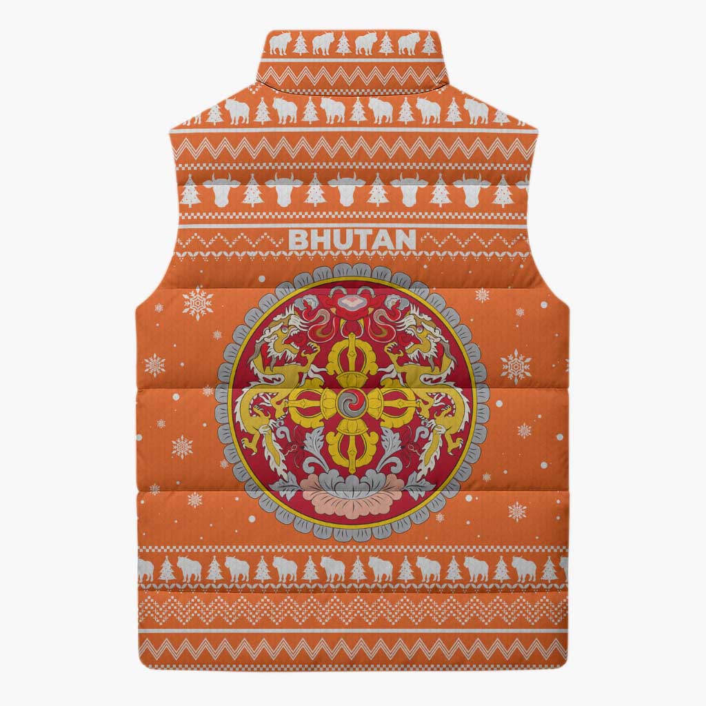 Bhutan Christmas Sleeveless Puffer Jacket with Takin Santa Hat Christmas Tree and Snowflake Pattern in Orange - Wonder Print Shop