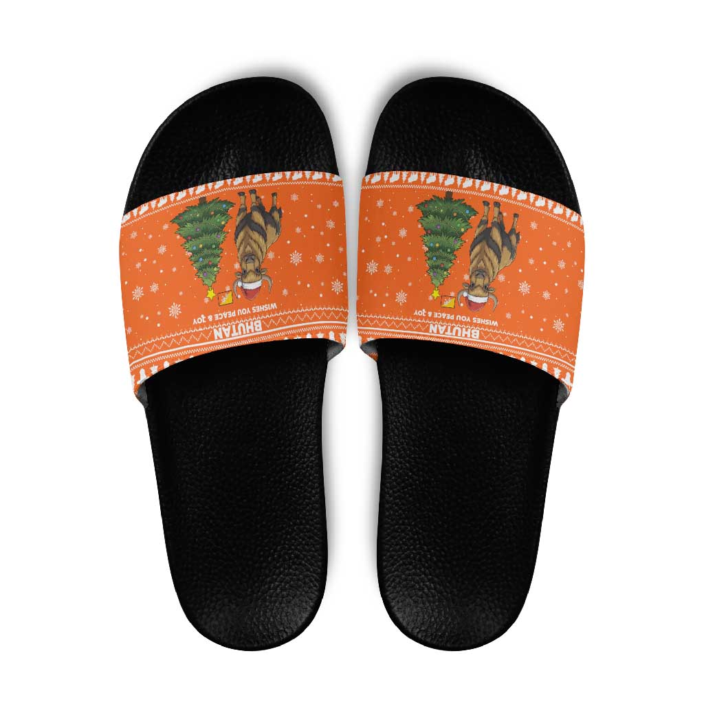 Bhutan Christmas Slide Sandals with Takin Santa Hat Christmas Tree and Snowflake Pattern in Orange - Wonder Print Shop