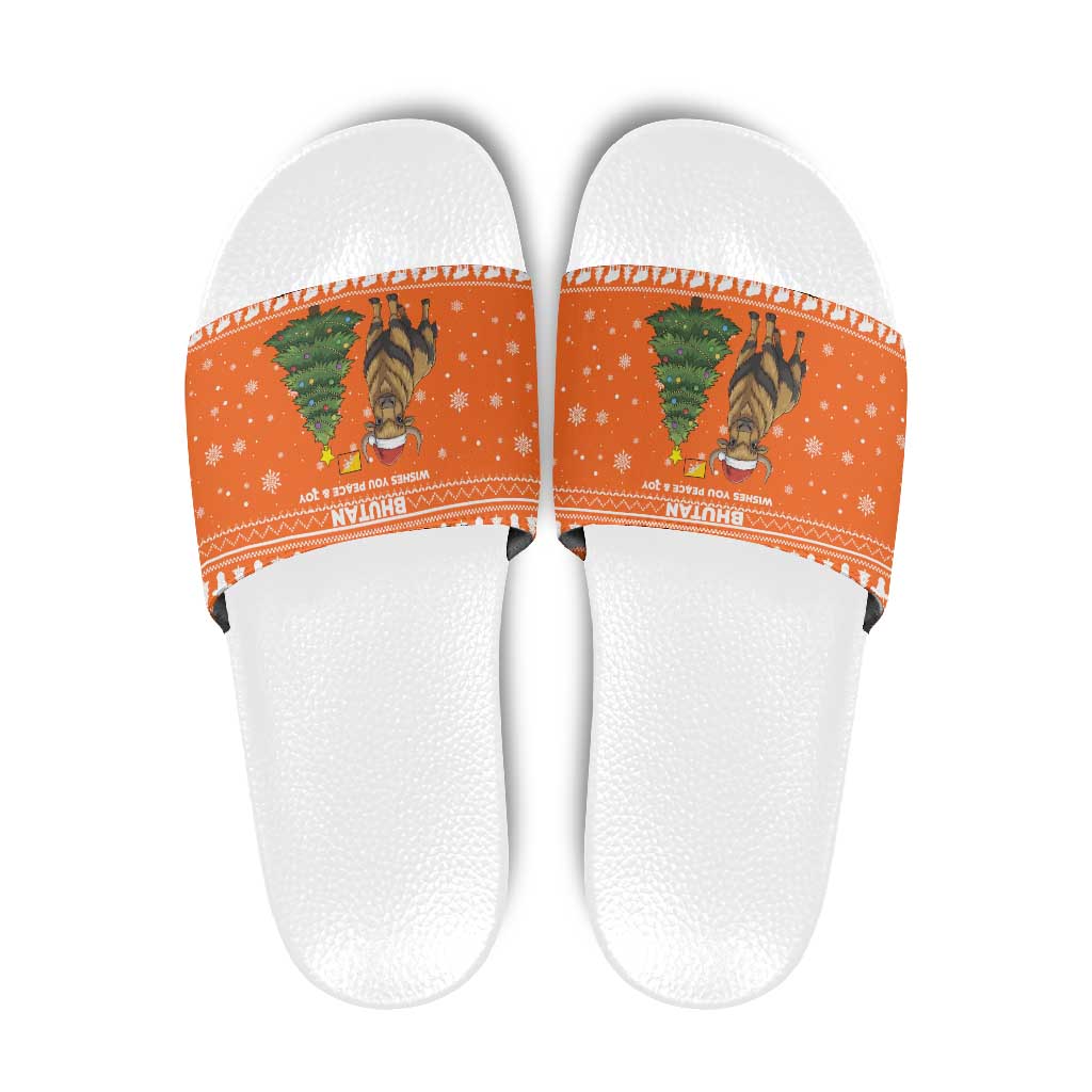 Bhutan Christmas Slide Sandals with Takin Santa Hat Christmas Tree and Snowflake Pattern in Orange - Wonder Print Shop