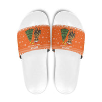 Bhutan Christmas Slide Sandals with Takin Santa Hat Christmas Tree and Snowflake Pattern in Orange - Wonder Print Shop