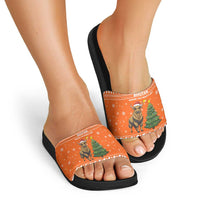 Bhutan Christmas Slide Sandals with Takin Santa Hat Christmas Tree and Snowflake Pattern in Orange - Wonder Print Shop