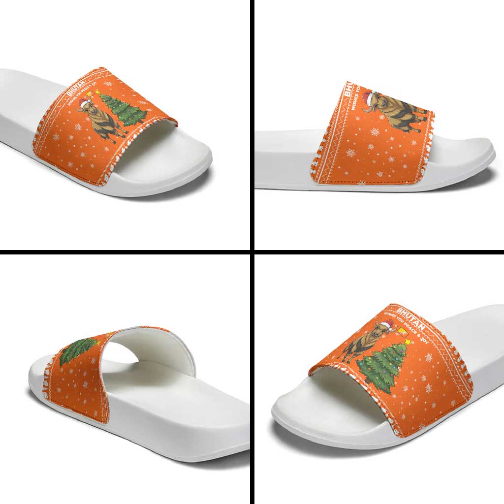 Bhutan Christmas Slide Sandals with Takin Santa Hat Christmas Tree and Snowflake Pattern in Orange - Wonder Print Shop