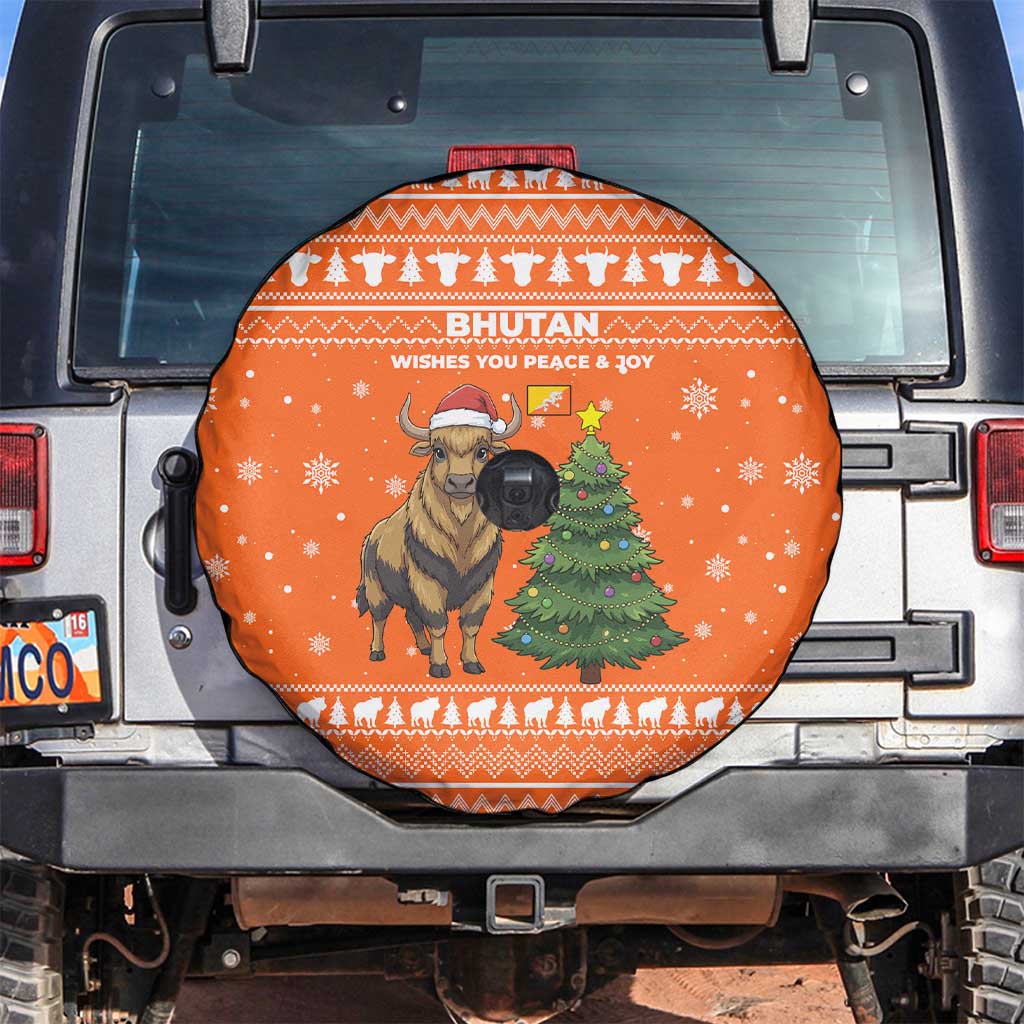 Bhutan Christmas Spare Tire Cover with Takin Santa Hat Christmas Tree and Snowflake Pattern in Orange - Wonder Print Shop