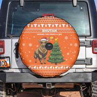 Bhutan Christmas Spare Tire Cover with Takin Santa Hat Christmas Tree and Snowflake Pattern in Orange - Wonder Print Shop