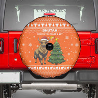 Bhutan Christmas Spare Tire Cover with Takin Santa Hat Christmas Tree and Snowflake Pattern in Orange - Wonder Print Shop