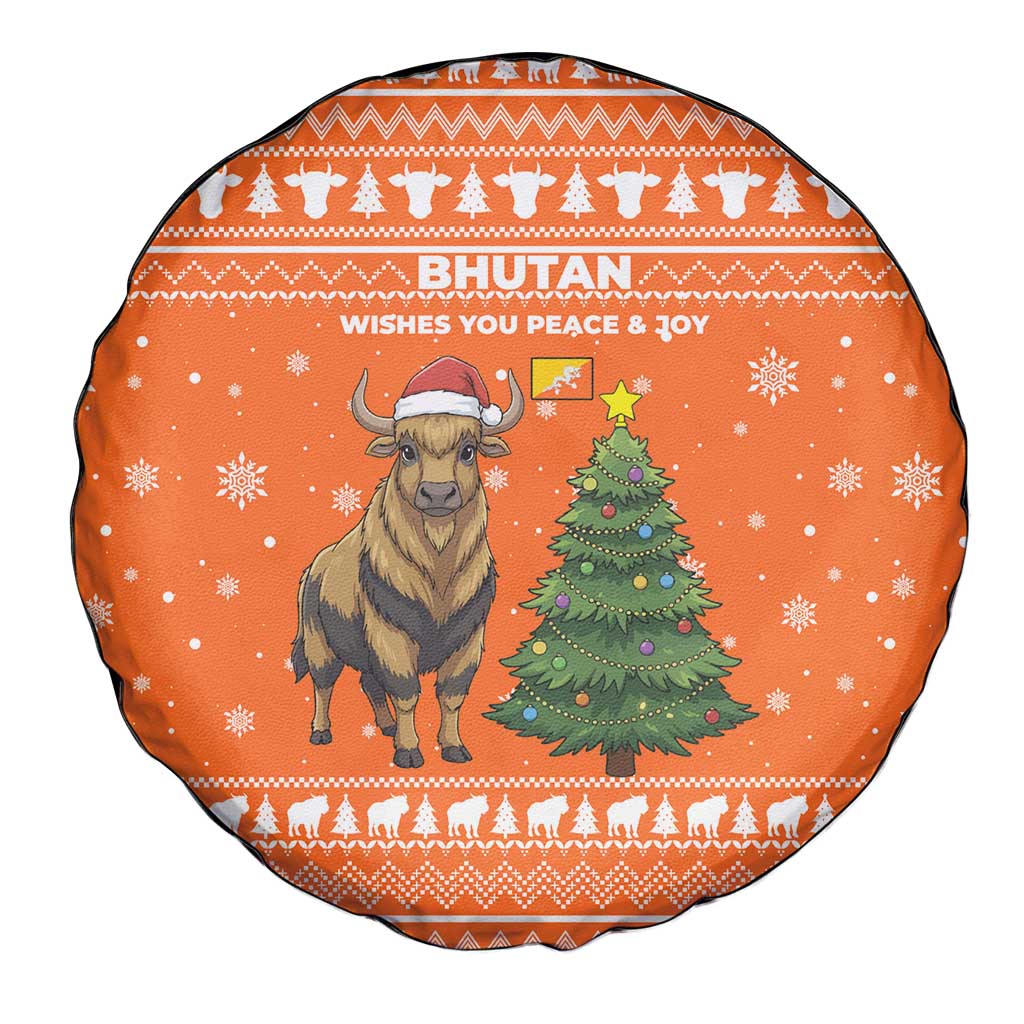 Bhutan Christmas Spare Tire Cover with Takin Santa Hat Christmas Tree and Snowflake Pattern in Orange - Wonder Print Shop