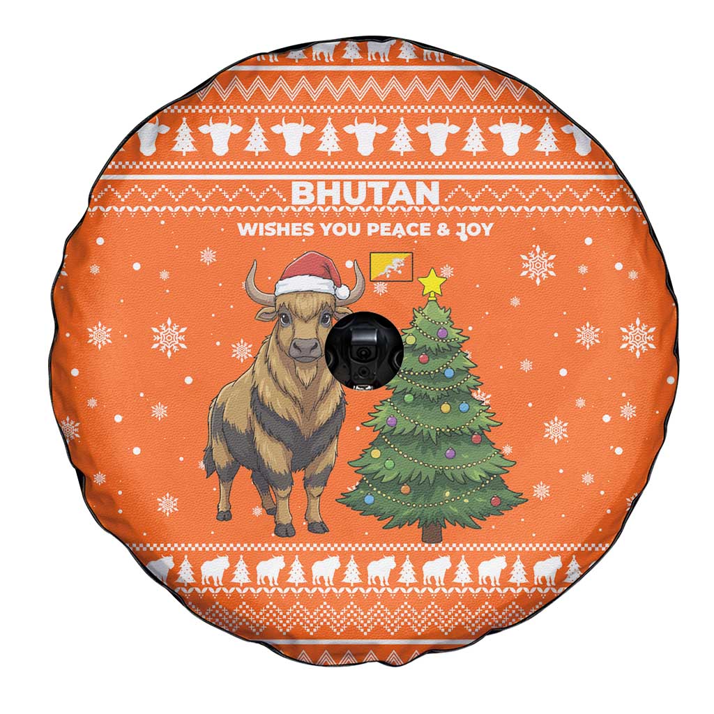 Bhutan Christmas Spare Tire Cover with Takin Santa Hat Christmas Tree and Snowflake Pattern in Orange - Wonder Print Shop