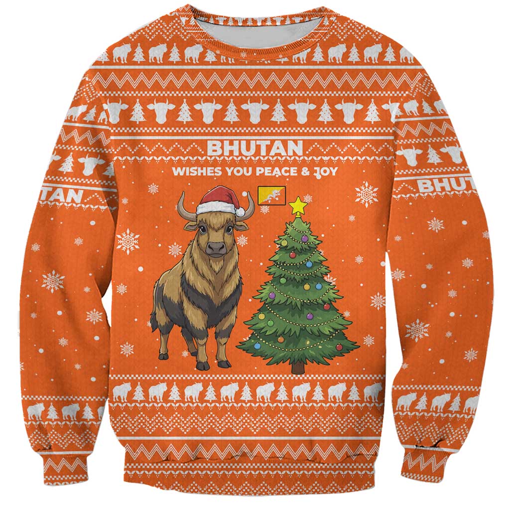 Bhutan Christmas Sweatshirt with Takin Santa Hat Christmas Tree and Snowflake Pattern in Orange - Wonder Print Shop